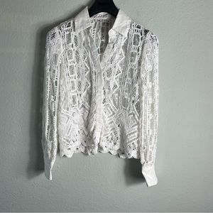 ZARA White Linen Blend Crochet Shirt with Solid White Collar & Cuffs - M